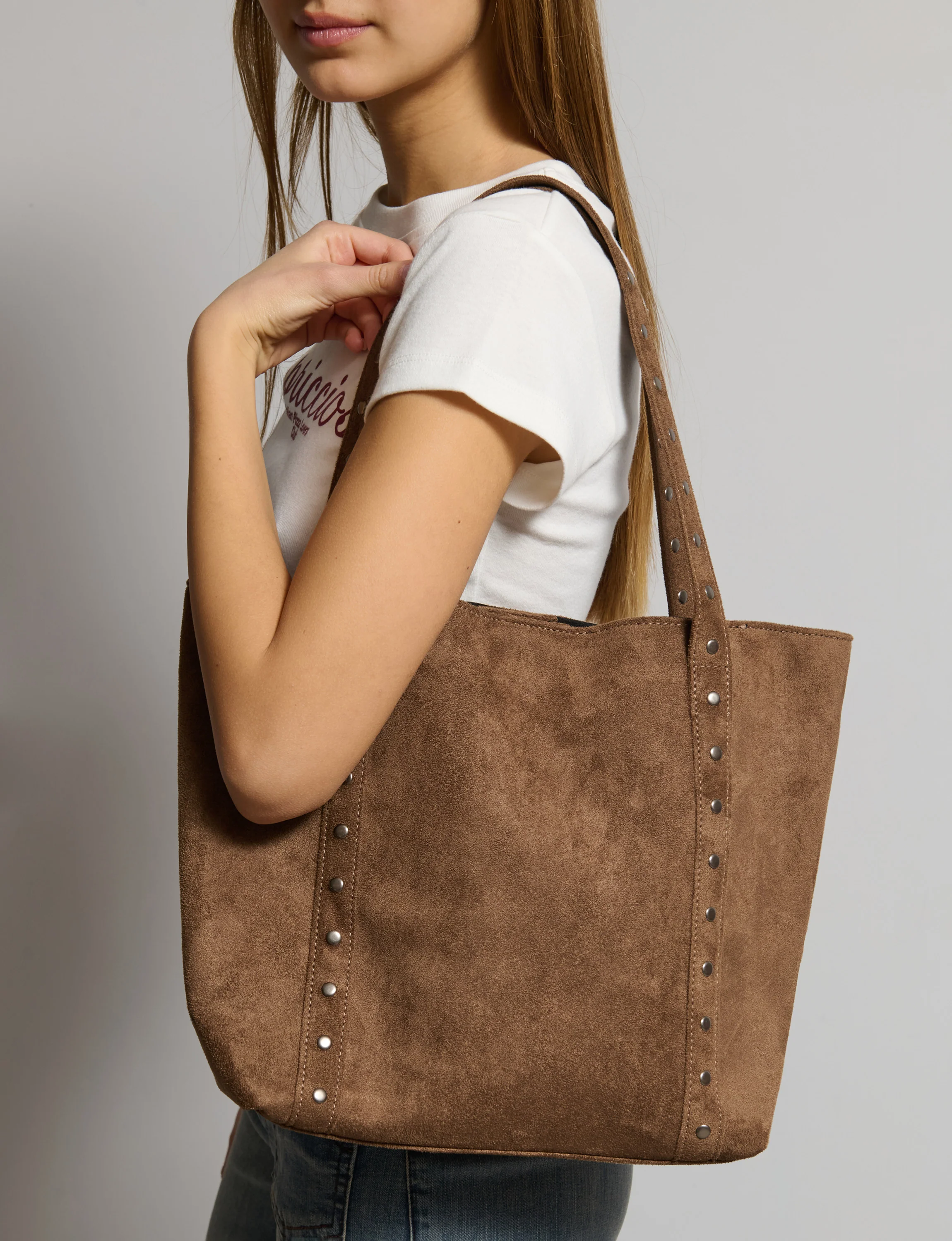 Tote bag in suede con borchie